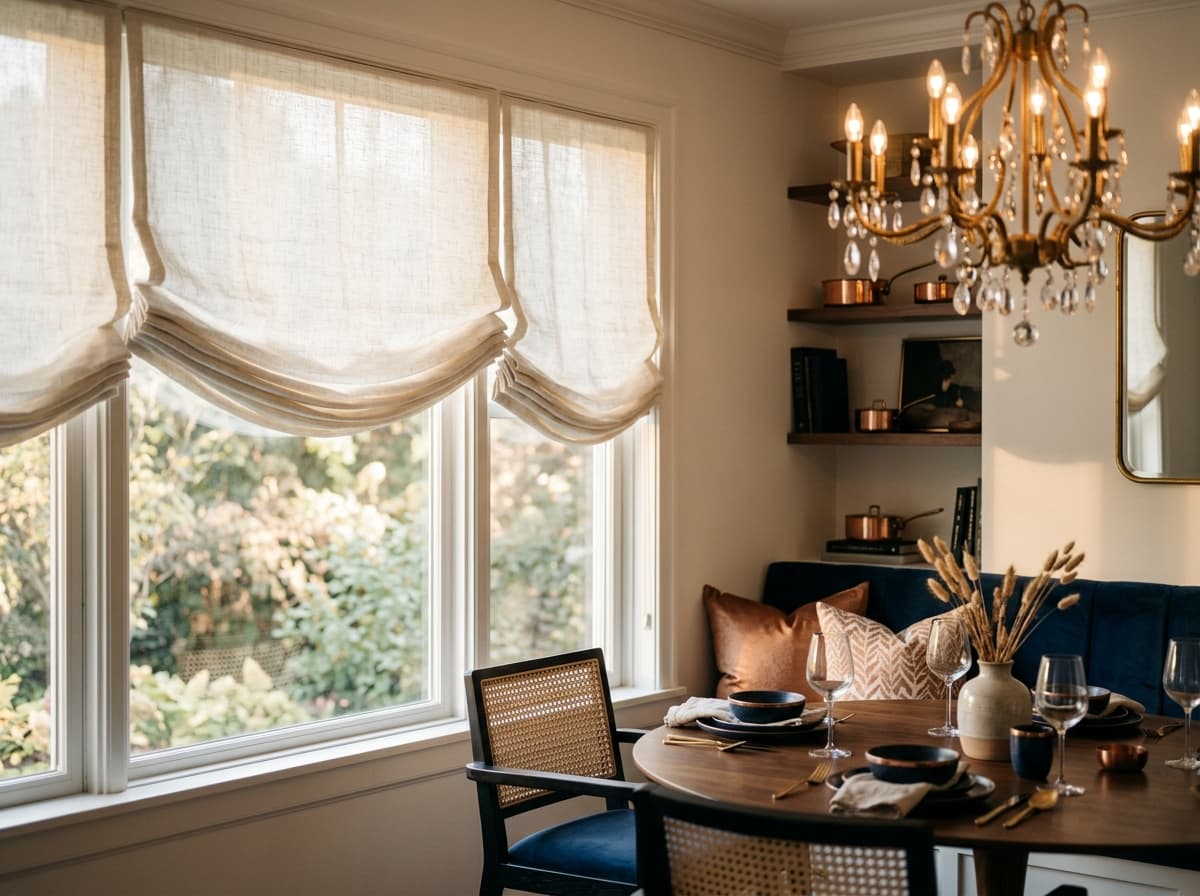 Cascading-fold ivory linen Roman shades in a refined dining nook