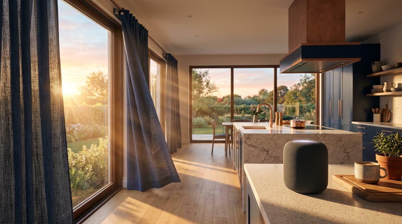 Modern kitchen at sunrise with a HomePod-style speaker on the counter and drapes opening on their own