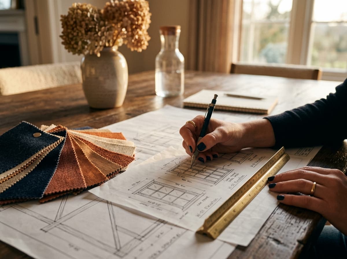 Designer's hands sketching window elevations with a brass scale ruler beside fabric swatches