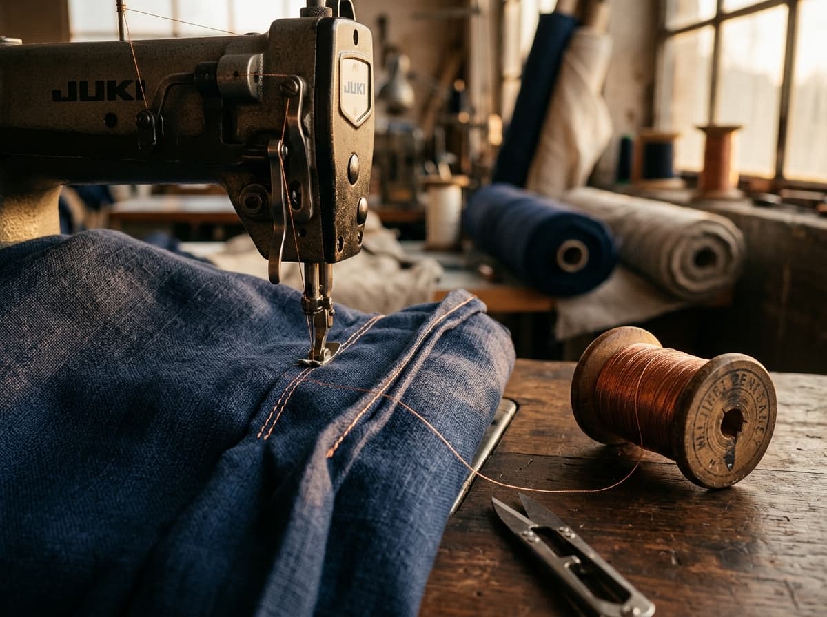 Industrial sewing of a pinch-pleat heading on heavy linen with a copper thread spool nearby