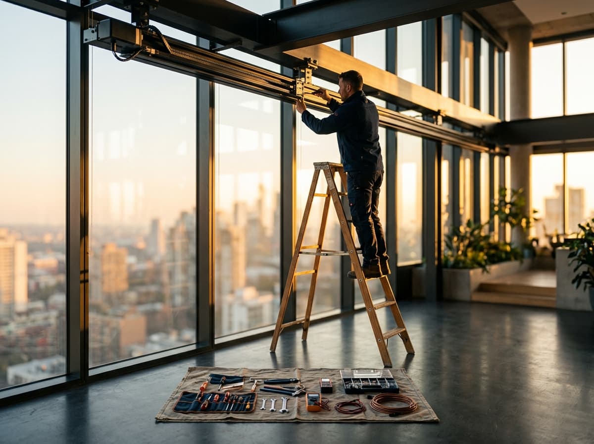 Technician on a ladder calibrating a motorized track with tools laid neatly on a drop cloth in golden hour light