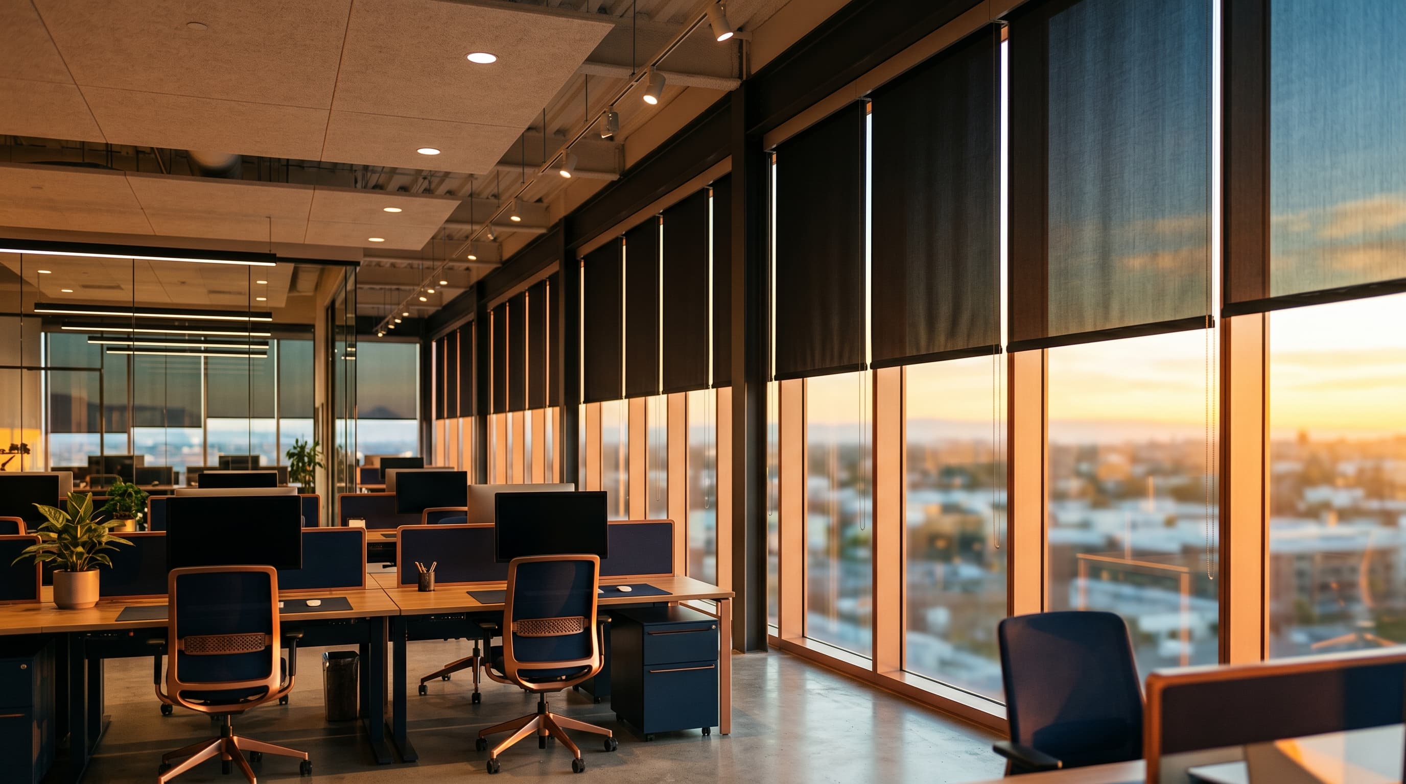 LEED-certified open-plan office with automated solar shades blocking afternoon glare