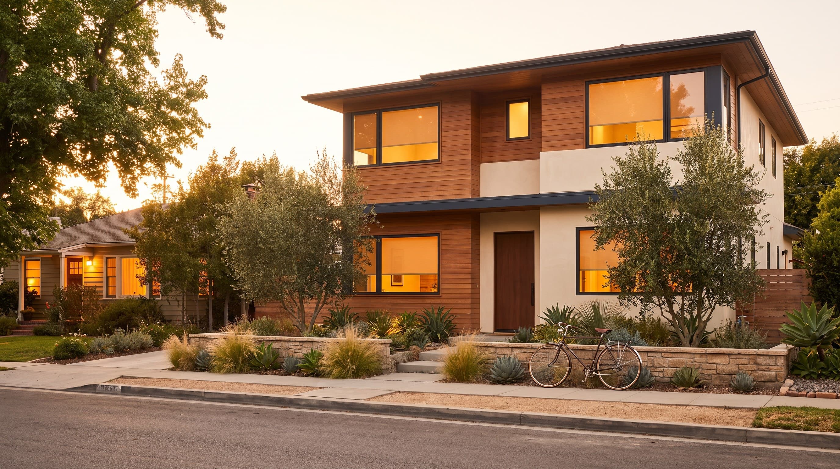 Aerial twilight view of a modern San Fernando Valley estate with coordinated lit windows