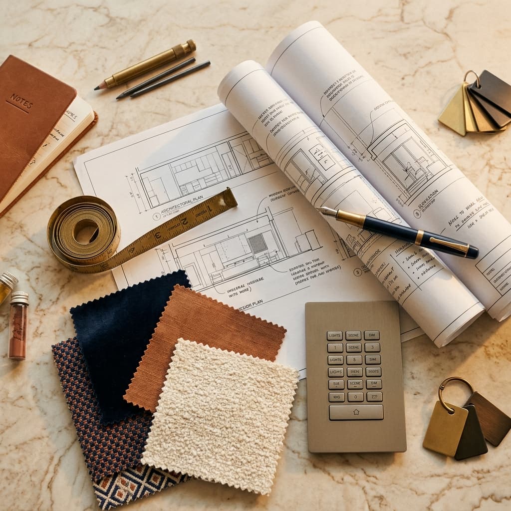 Designer's flat lay with brass measuring tape, fabric swatches, and architectural plans on cream marble