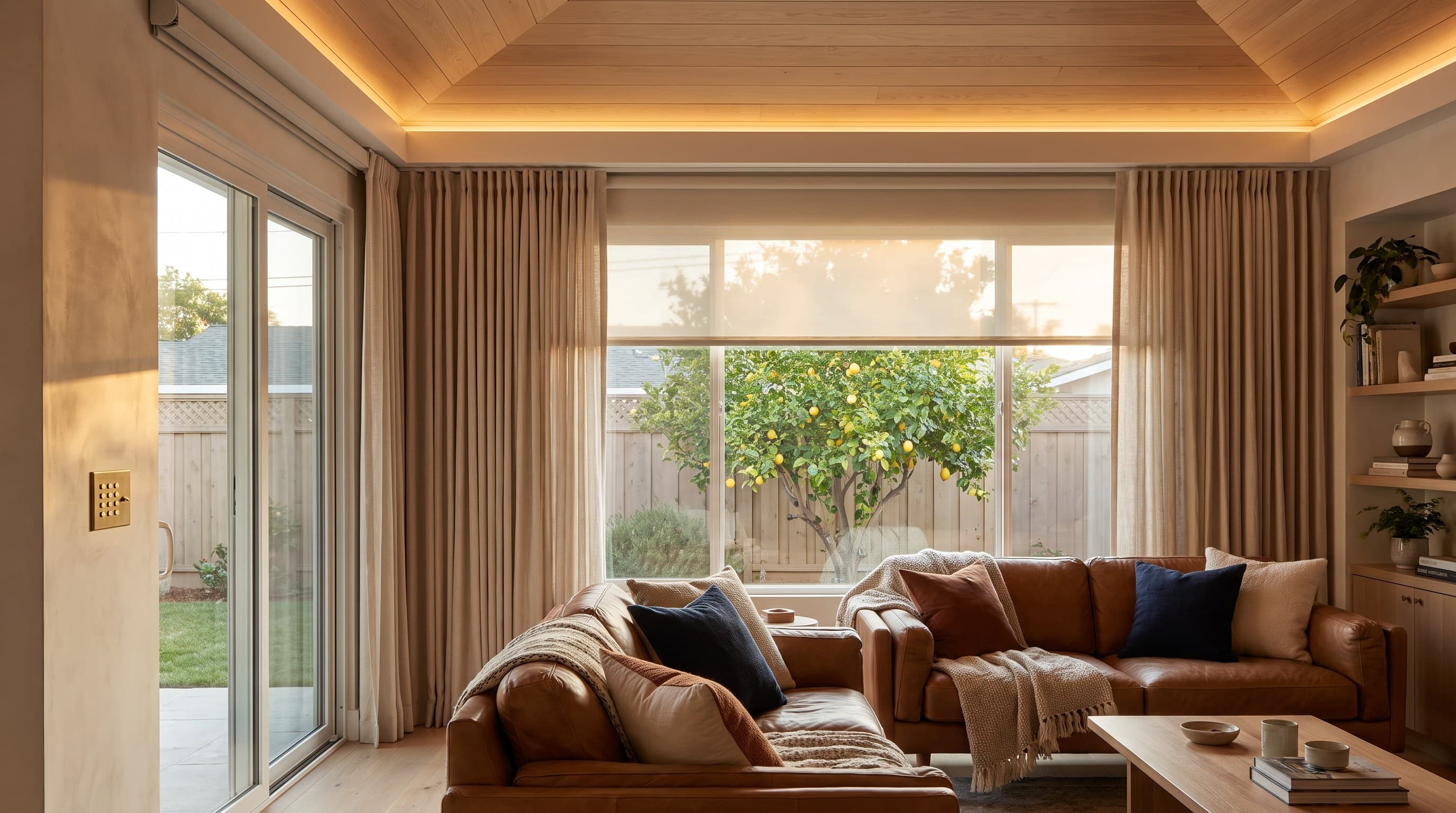 Library with coffered ceilings, two-story motorized drapery, and a brass keypad on walnut