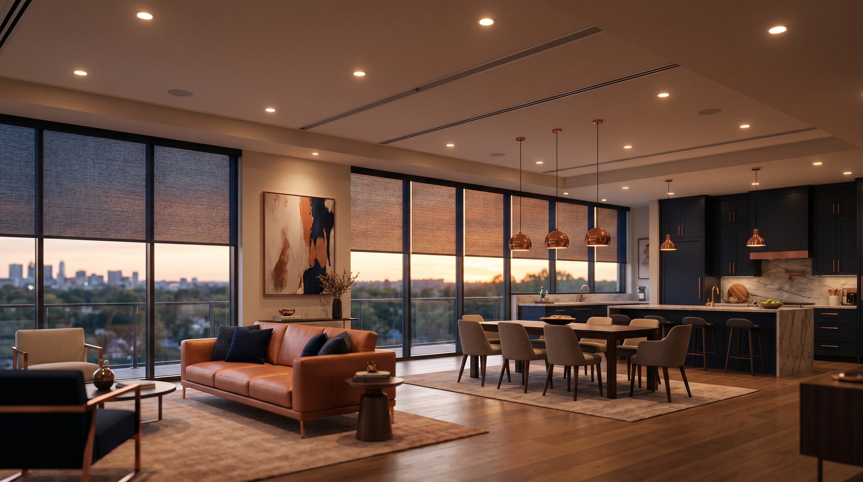 Whole-floor open-plan home interior at dusk with multiple shades coordinating across the great room